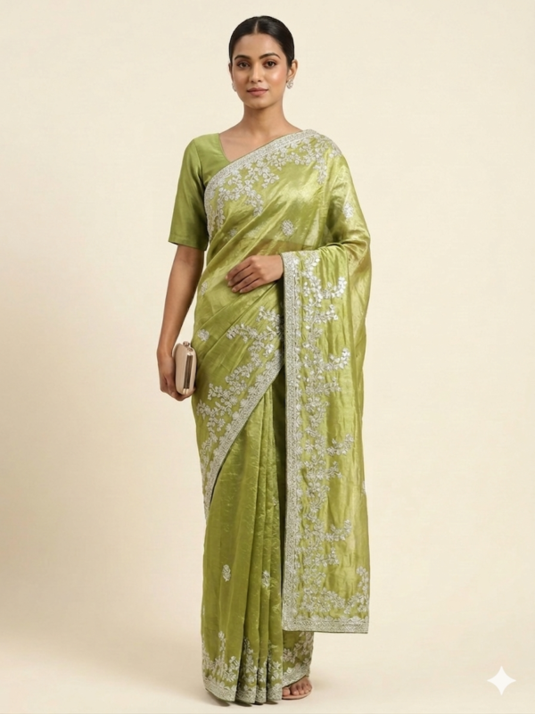 Olive Green Embroidered Silk Saree