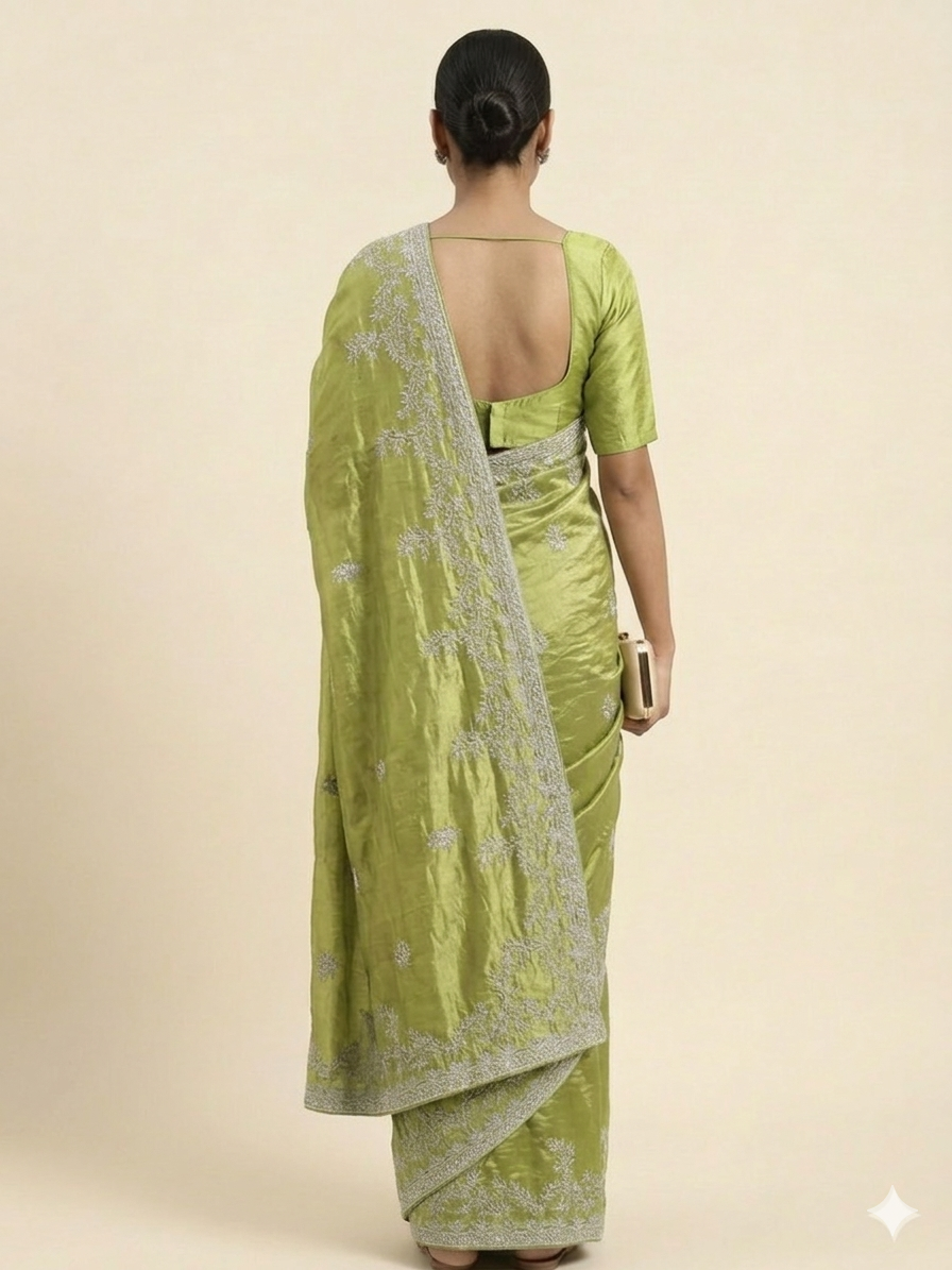 Olive Green Embroidered Silk Saree
