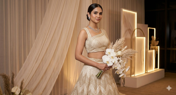 Minimalist Ivory/Champagne Lehenga (Indoor Reception)
