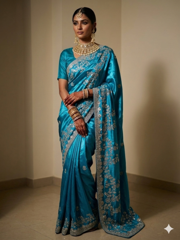 Teal Blue Hand-Embroidered Silk Saree